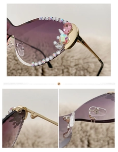 Détails de lunettes œil-de-chat avec verres dégradés violets et monture ornée de strass