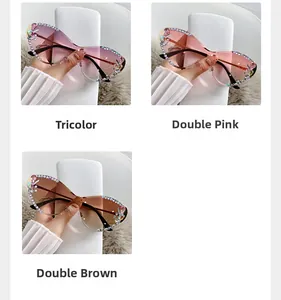 Vue détaillée de lunettes œil-de-chat sans monture avec strass colorés et accents floraux