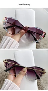 Vue détaillée des lunettes œil-de-chat double gris avec bords en strass et branches dorées