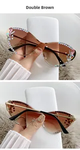 Détail de verres dégradés marron avec strass décoratifs sur lunettes de soleil sans monture