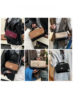 Sac bandoulière en similicuir matelassé et daim porté par un mannequin en 4 coloris