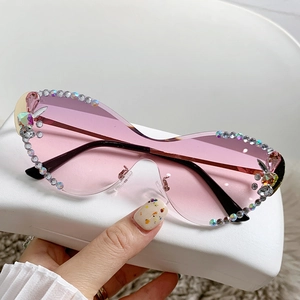 Lunettes De Soleil Yeux De Chat Sans Monture Strass Cristal Verre Dégradé Branche Métallique Protection UV400