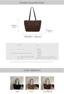 Detailed size guide of a vintage PU leather tote bag with strap and color options