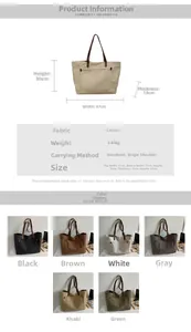 Detailed size chart and multi-color options for large capacity canvas tote bag for women