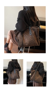 Gros plan du sac cabas léopard avec anses en similicuir noir et texture en toile épaisse