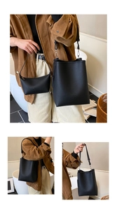 Detail of black pebbled leather tote bag with silver hardware and matching pouch accessory
