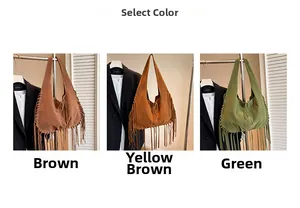 Three suede tassel tote bags in brown, yellow-brown, and green in bohemian style