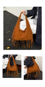 Detailed close-up of brown suede tote bag featuring long fringes and autumn styling