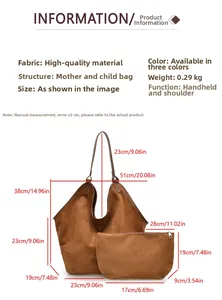 Size chart showing large tote bag and inner pouch dimensions with red guideline markers