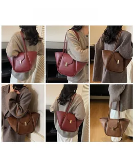 Collage of model wearing large shell-shaped tote bags in burgundy and vintage brown