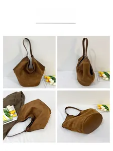 Detailed views of the deep brown faux suede tote bag from multiple angles and bottom base