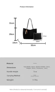 Detailed size specifications of black tote bag set with dimensions and inner pouch info