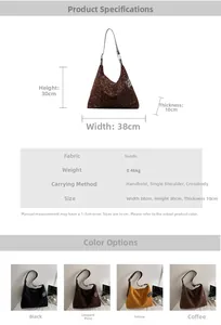 Macro view of leopard print suede shoulder bag details and size specifications