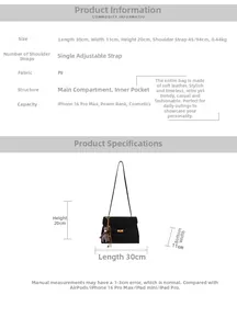 Detailed size chart for retro PU leather shoulder bag with bear pendant and adjustable strap