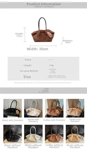 Tabella delle taglie e dettagli per borsa in finta pelliccia con misure 30x17x14cm
