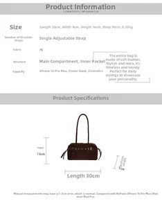 Detailed size chart of the brown PU pillow bag showing 30x9x16cm dimensions and strap