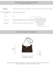 Size chart and dimensions for the dark brown PU leather shoulder bag with scale metrics
