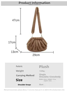 Detailed size specifications for the brown fuzzy ruched cloud crossbody bag for women