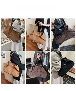 Collage of model showcasing various styling views of the retro matte leather tote bag