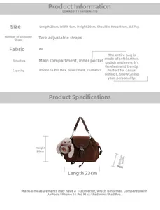 Size chart showing dimensions 23x9x20cm and material details for this brown PU backpack