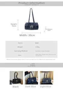 Tableau des tailles et options de couleurs pour sac d'épaule en denim délavé avec dimensions