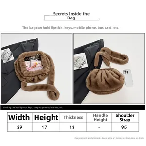 Size chart and capacity view of brown faux fur cloud bag with ruched details