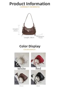 Detailed size guide of a vintage crossbody bag with multiple color options