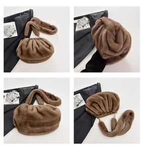 Multiple views of a brown faux fur cloud bag with pleated texture and plush shoulder strap