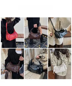 Detailed views of multi-pocket retro leather crossbody bags in four classic colors