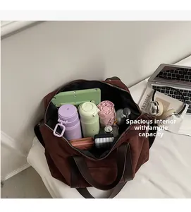 Macro view showing large storage capacity of a brown minimalist tote bag for travel