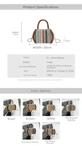 Detail view of woven straw and PU patchwork bag with metal chain strap and rivet accents