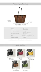 Detailed size specifications and color options for the faux suede shoulder tote bag