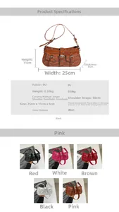 Detailed chart showing retro rivet shoulder bag dimensions and five color options