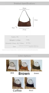 Detailed size specifications and five color options for this PU leather crescent bag