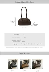 Size chart for retro bowling shoulder bag with dimensions and coffee color options