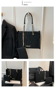 Dettagli della borsa tote leopardata con bordo in pelliccia sintetica e catena