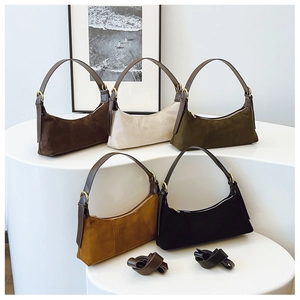Detailed collection of hobo bags in five colors with suede texture and gold hardware