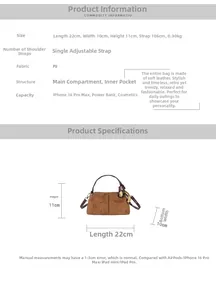 Detailed sizing guide showing dimensions 22x10x11cm for suede textured shoulder bag