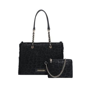 Large black leopard print tote bag with faux fur trim and matching coin purse with chain strap