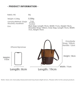 Size chart showing dimensions and PU leather details for the women bucket handbag
