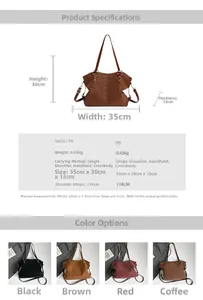 Detailed size specifications and color options for the leopard print large capacity tote bag
