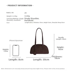 Detailed size chart for the PU leather shoulder bag showing 30x10x16cm dimensions