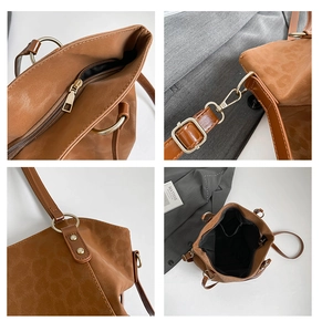 Detailed views of leopard pattern tote showing metal buckles, stitching and inner pocket
