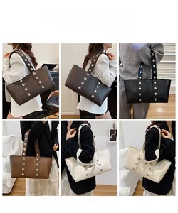 Collage of model wearing various colors of the large rivet-decorated faux leather tote bag
