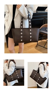 Detail of dark brown faux leather tote with silver rivets and minimalist shoulder strap