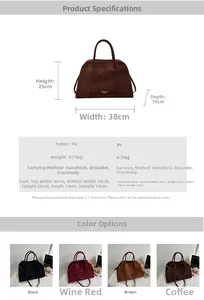 Detailed size specifications and multi-color options for the large suede tote handbag