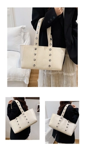 Macro details of cream faux leather tote with silver rivets and model side view