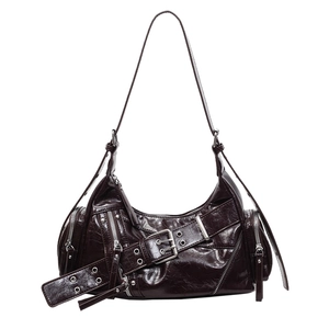 Borsa a spalla baguette retrò marrone scuro con cerniere multiple e stile punk Y2K