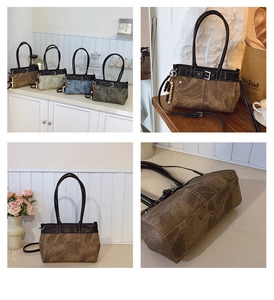 Detailed views of vintage canvas tote bags showing stitching, studs and four color options