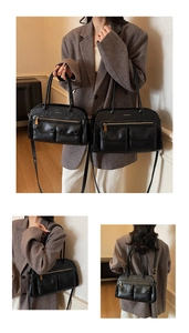 Detailed comparison of vintage black faux leather tote bags with front pockets and gold zippers